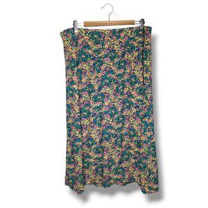 Loft Women's XL Green Multicolored Midi Long Button Front Pull On Skirt